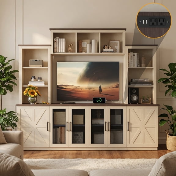 Wall Unit Entertainment Center w/ Charging Station & USB Ports, TV Stand w/ Storage Cabinets, Media Console, Beige