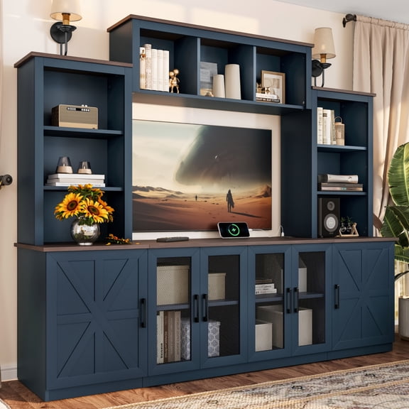 Wall Unit Entertainment Center with Charging Station & USB Ports - Modern TV Stand with Large Storage Cabinets, Media Console for TVs,Blue