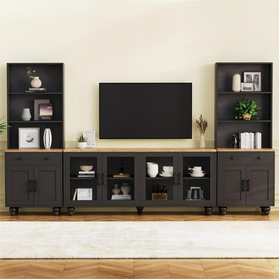 Wall Unit TV Stand for 70" TV, Farmhouse Entertainment Center Cabinets With Bookshelves, Adjustable Shelves, Glass Door And Gourd-shaped Legs For Living Room