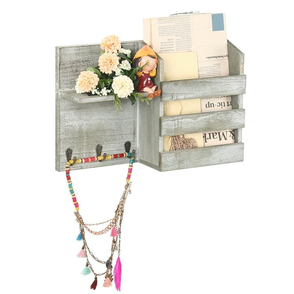 Wall Vintage Wooden Mail Shelf With 3 Key Hooks, Olive Green