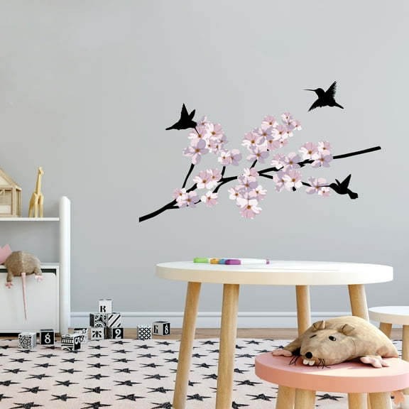 Wall Vinyl Decal-Home Decor Art Stickers -Cherry Blossom Tree Themed with Birds- Removable Stylish Mural Unique Design -Size 10" x 6".