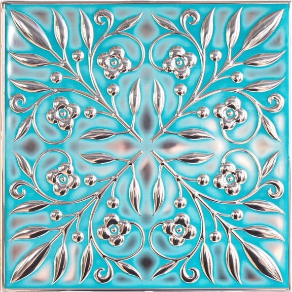 Wall Wear Peel and Stick Metal Tiles, Teal & Silver Leaves, 10‑Pack, 8x8 Aluminum Water‑Resistant Tiles for Kitchen & Bathroom Backsplash