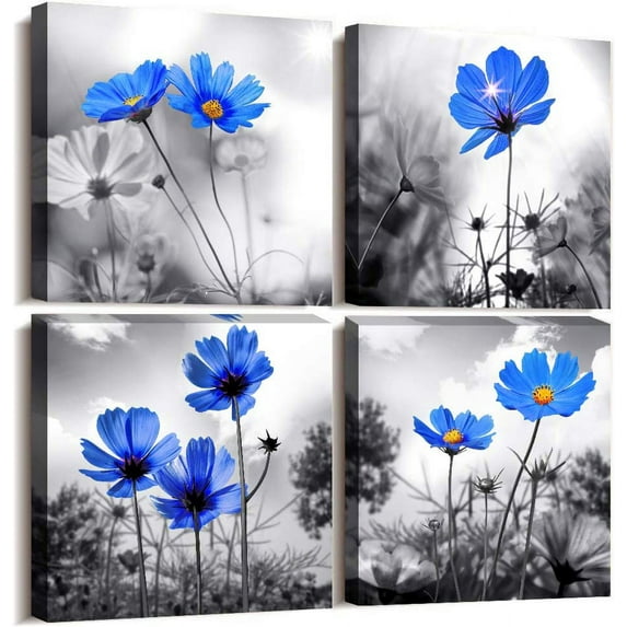 Wall art 4 Panel Modern Salon Theme Black and White Plant The Blue flower Flower Abstract Painting Still Life Canvas Wall Art for Home Decor Flower Canvas Print For Living Room Decor