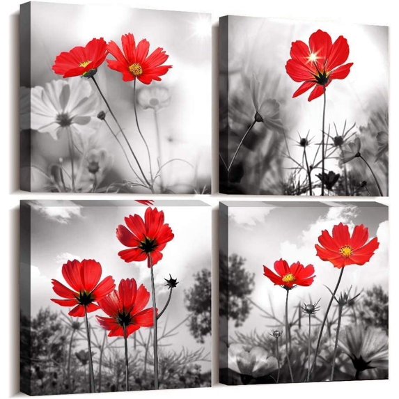 Wall art 4Panel Modern Salon Theme Black and White Plant The red flower Flower Abstract Painting Still Life Canvas Wall Art for Home Decor Flower Canvas Print Wall Art Painting For Living Room Decor