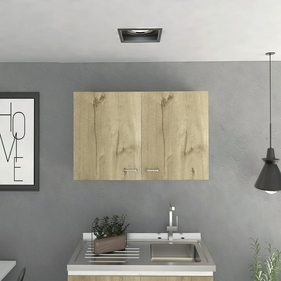 Wall cabinet 19"H, two Doors, two internal Shelves, White / Light Oak