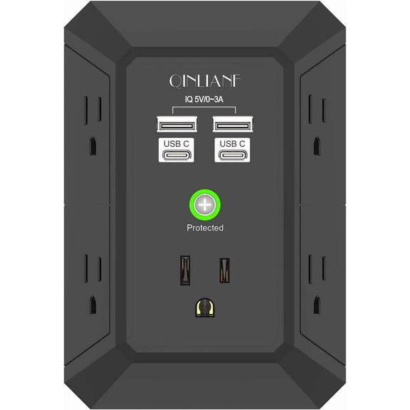 Wall charger, surge protector, QINLIANF 5-outlet extender with 4 USB charging ports, 3-sided 1680J power strip multi-plug adapter, suitable for home, travel, and office