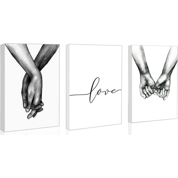 Wall-eMart Love and Hand in Hand Wall Art Canvas, Black and White Sketch Drawing (Set of 3 Framed 8"x10")