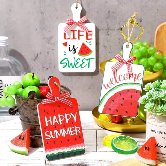 Wall hangs,3 Watermelon Hanging Signs Watermelon Door Hanger Wood Welcome Door Sign Happy Summer Watermelon Plaque For Front Door Wreath Home Wall Decor With Hanging Rope