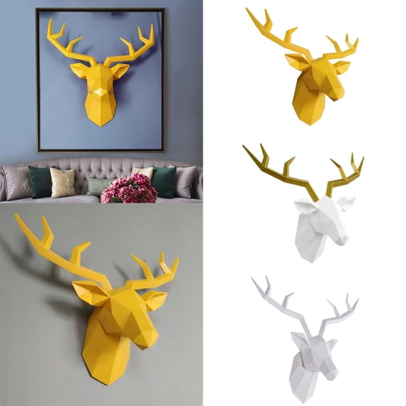 Wall hangs,Deer Head Wall Art Geometric Yellow Gold Color Deer Wall Sculpture Handmade Faux Taxidermy Resin Wall Animal Head For Bar Holiday Home Decoration