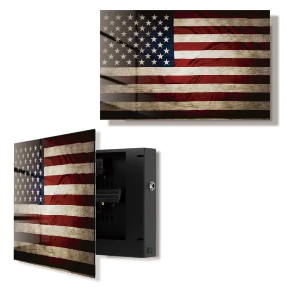 Wall mounted American Flag Pistol Storage Cabinet, Concealed Tempered Glass Wall Art Valuable Item Safe, Steel Plate Storage Cabinet With Fingerprint Sensor and Mechanical Lock