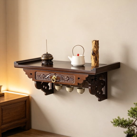 Wall-mounted Buddhist Altar With Drawers,wooden Shrine Table For Home, Ideal for home or office, elegant and space-saving antique-style carved table