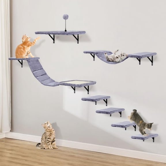 Wall-mounted Cat Climber Set With Climbing Shelves Perches Bridge Hammock Board & Ball - 7 Wood Indoor Furniture For Kittens Play (grey)