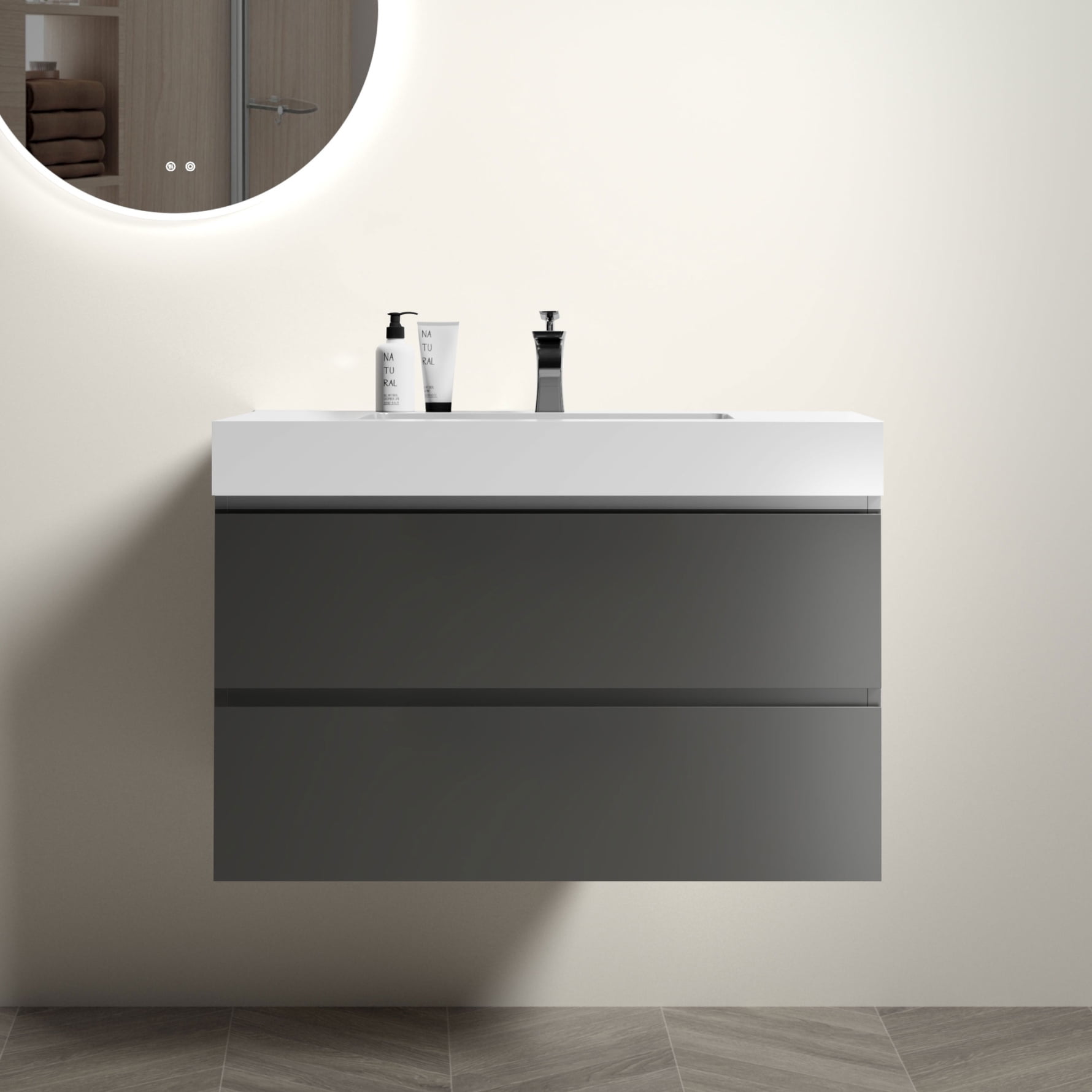 Wall-mounted Floating Bathroom Sink Set with Integrated Basin and 2 Wooden  Drawers, Modern Open Sink Cabinet, Washstand without Drain and Tap,  36'',Black+ Gray - Walmart.com, image size:1780x1780