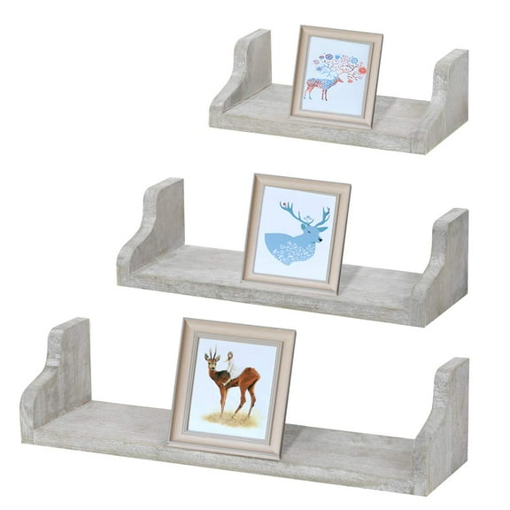 Wall-Mounted Floating Wall Shelves with Metal Brackets, Set of 3 - Rustic Gray