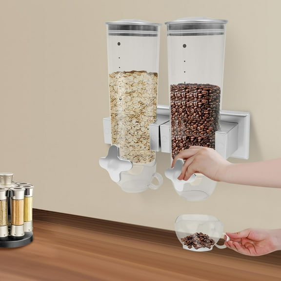 Wall-mounted Food Dispenser, 3L 2 Buckets Coffee Bean Candy Rice Dispenser, Dry Food Dispenser Cereal Dispenser Grain Storage Dispenser for Home, Kitchen, Countertop, Cutlery Rack