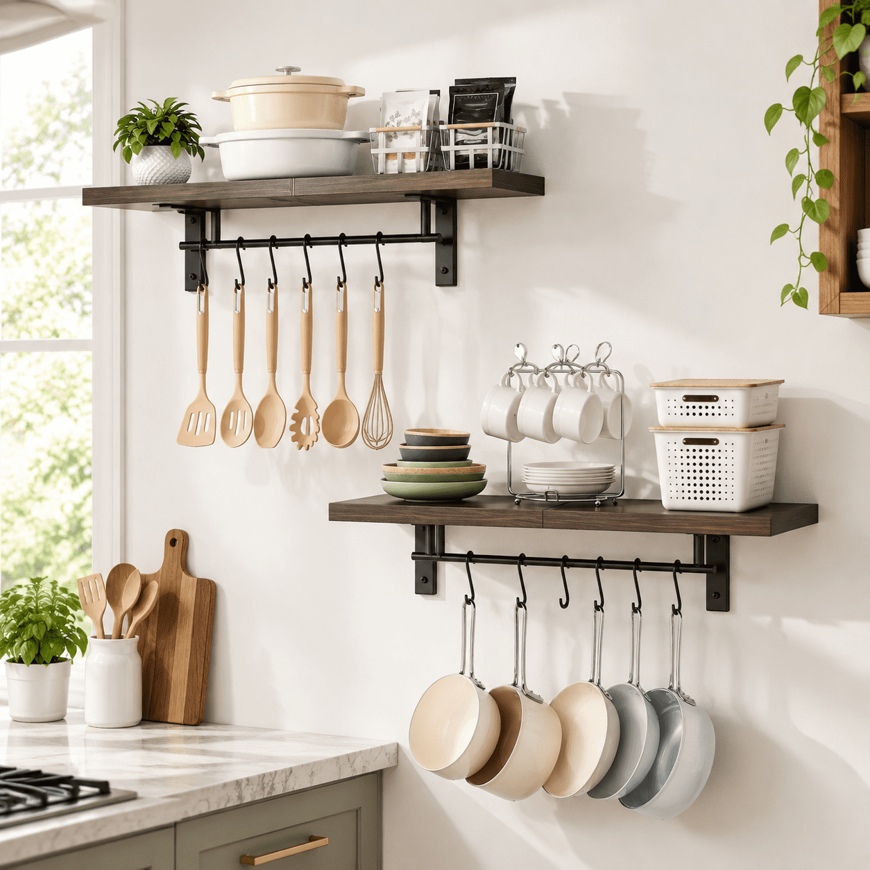 Wall-mounted Pot Racks Set Of 2 Hanging Rack Floating Shelves ...