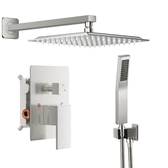 Wall-mounted Shower Faucet Set, 10" Square Overhead Spray & Handheld Shower Head with Pressure Balance and Temperature Control Valve, Brushed Nickel