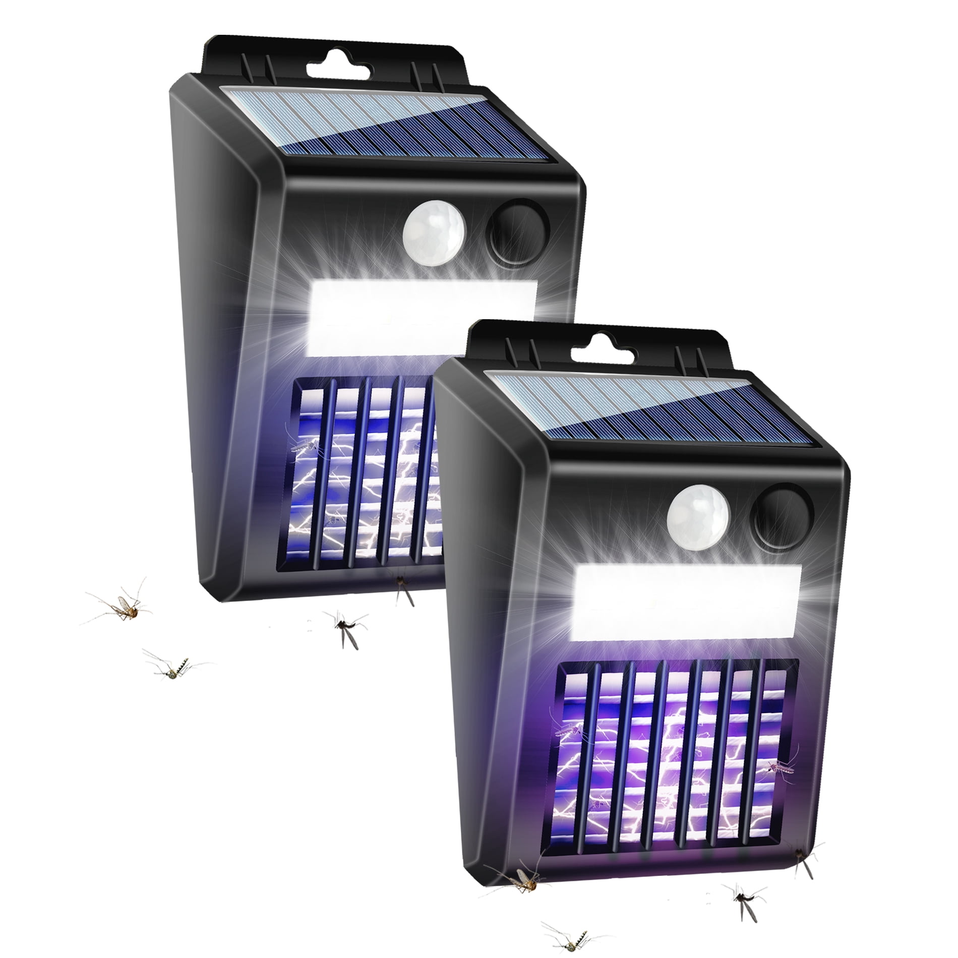 Wall-mounted Solar Bug Zapper Outdoor 2 Pack, Waterproof Electric LED Light Mosquito Killer Lamp with Motion Sensor for Backyard Patio Camping, Garden, Yard - Portable, Eco-Friendly, Black