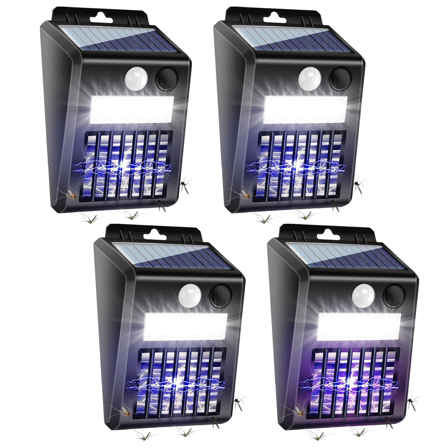 Wall-mounted Solar Bug Zapper Outdoor 4 Pack, Waterproof Electric LED Light Mosquito Killer Lamp with Motion Sensor for Backyard Patio Camping, Garden, Yard - Portable, Eco-Friendly, Black