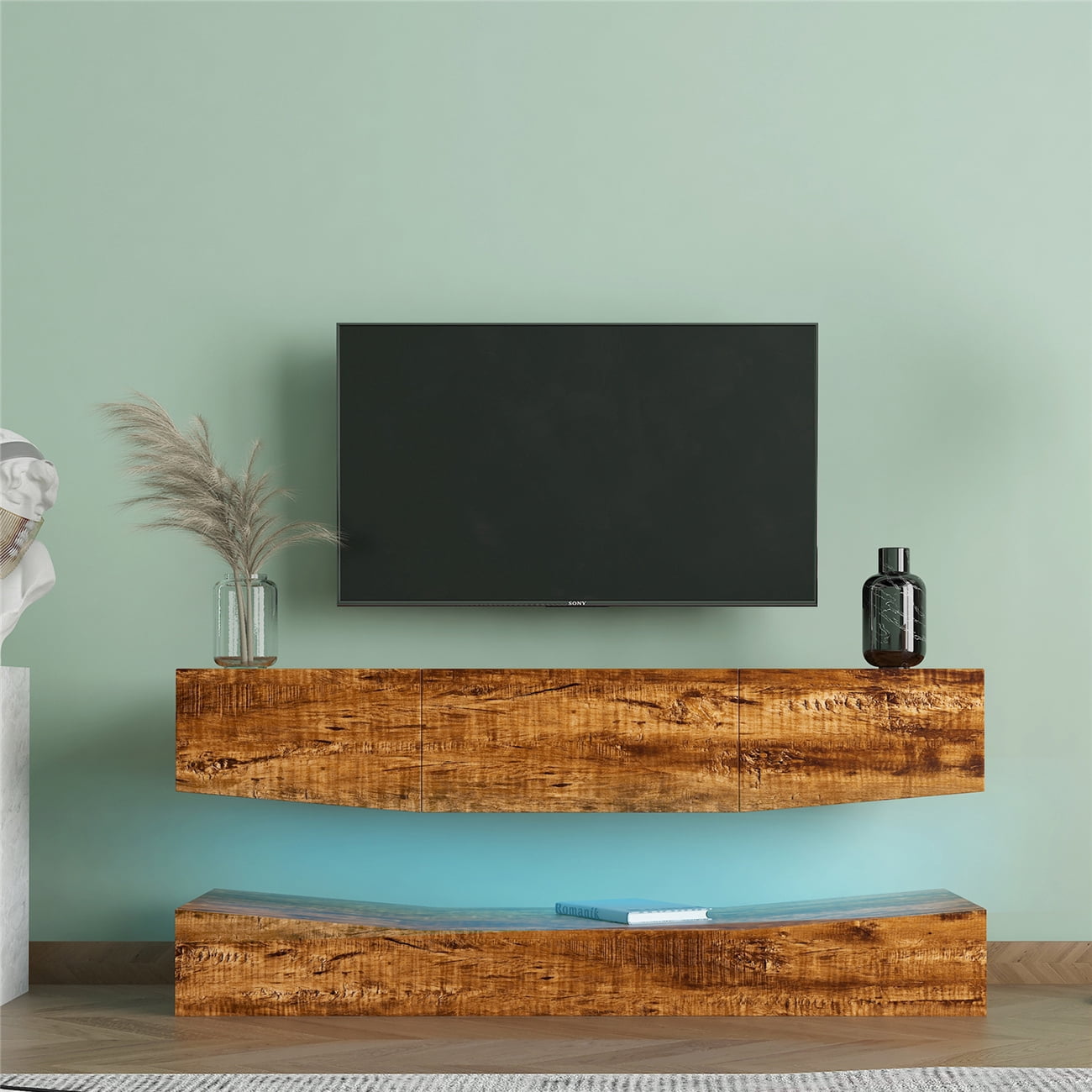 Wall-mounted TV Console Table with LED Light and 3 Drawers Wood TV Stand for Living Room ...
