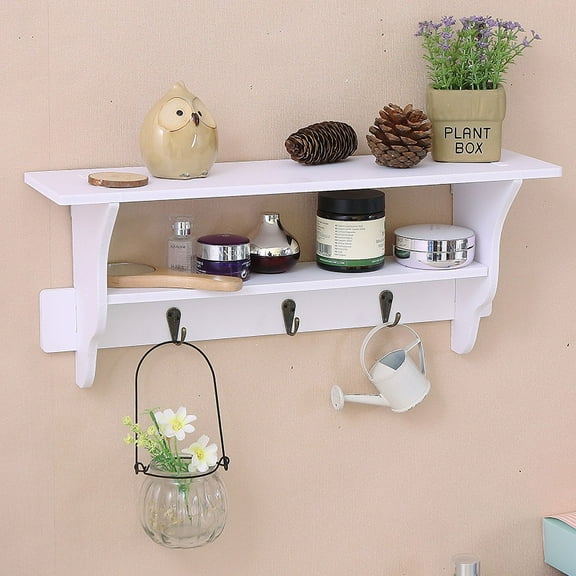 Wall-Mounted Floating Shelf with Hooks, Hanging Wall Shelving for Home Storage and Organization