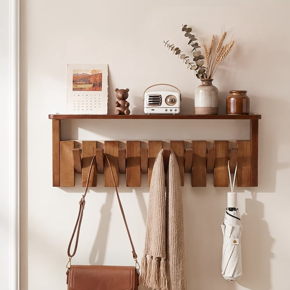 Wall-mounted coat rack with 6 buttons - walnut color