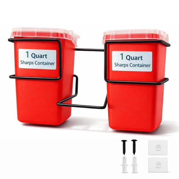 Wall-mounted dual 1 quart sharp container holder, compatible with 8702/8702/8721 stackable sharp waste containers, suitable for clinics, hospitals, laboratories, and homes (containers not included)