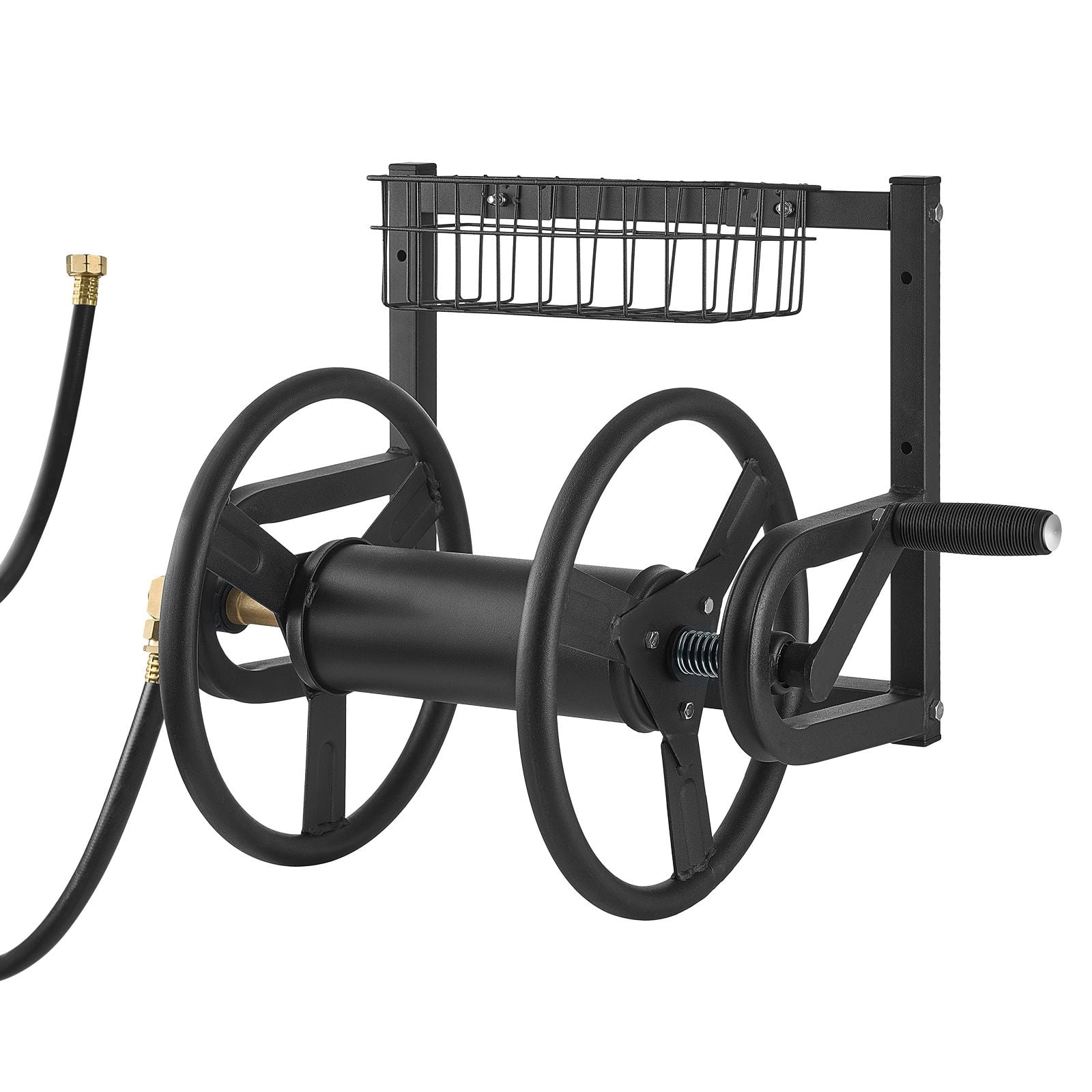 Wall-mounted garden hose reel 125 '5/8 ", reel with brass fittings, outdoor hand reel, yard lawn storage basket, space saving