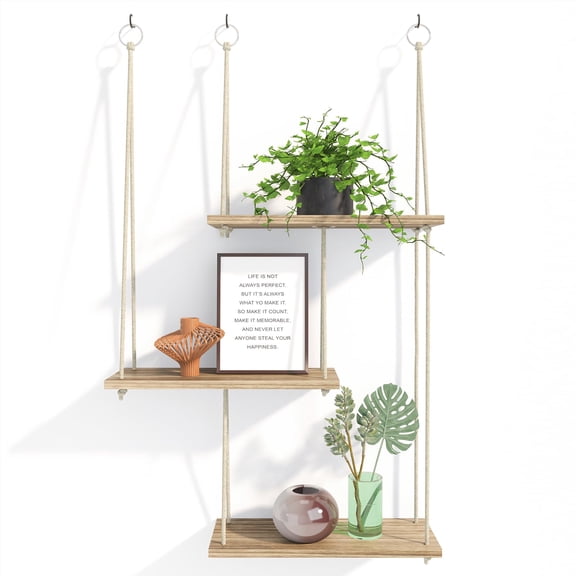 Wall-mounted plant stand, three-tiered bohemian-style wall decoration plant stand, floating shelf, rope-woven vintage wooden storage rack, suitable for home bedrooms, kitchens, and bathrooms.