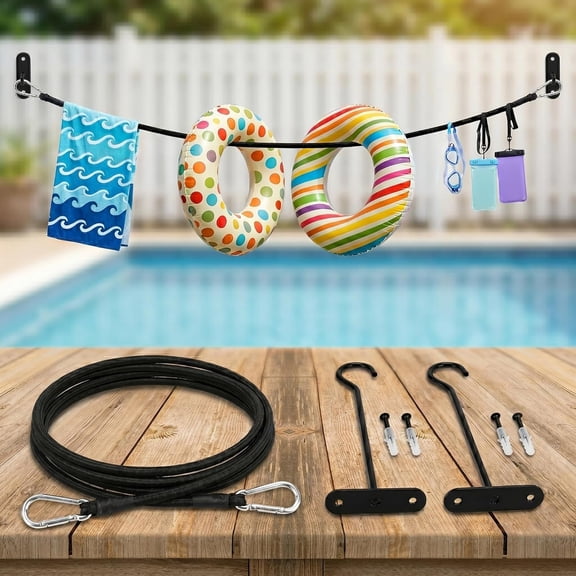 Wall-mounted pool float storage rack with 60-inch hanging rope, stores inflatable floats, lounge chairs, swim rings, towels and swim gear, fits indoor and outdoor fences