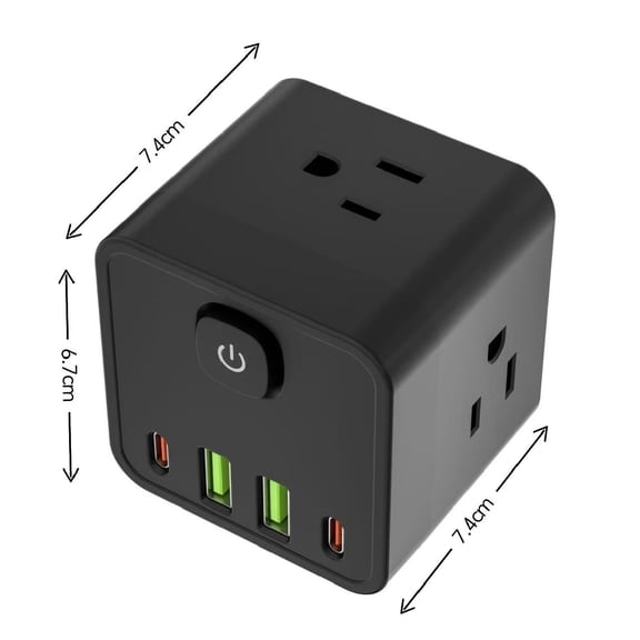 Wall-mounted power strip with multiple plug adapters, 2 to 6 pin plug sockets with overload protection, 2 Type C and 2 USB interfaces, suitable for use in home offices and on trips., Black-983
