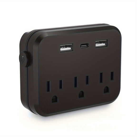 Wall-mounted power strip with multiple plug adapters, 2 to 6 pin plug sockets with overload protection, 2 Type C and 2 USB interfaces, suitable for use in home offices and on trips.,black-987