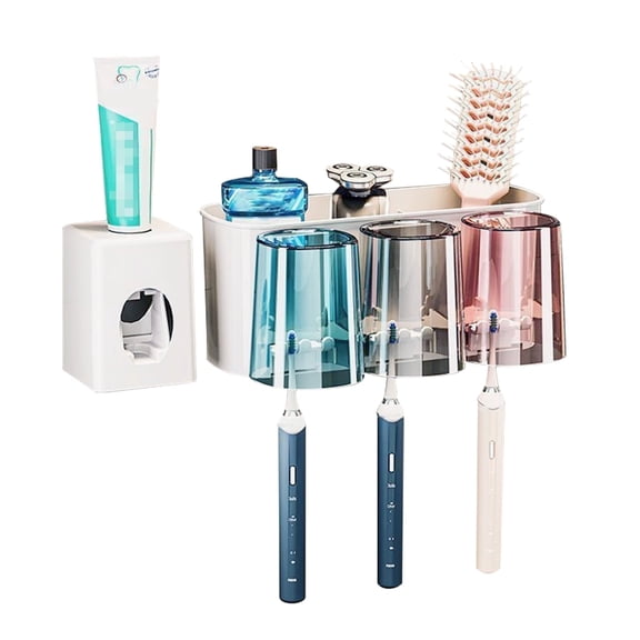 SINGOMON Toothbrush Holder, Wall-Mounted no Drill Toothbrush Holder with Automatic Toothpaste Dispenser and Three Cups for Both Family and Friends
