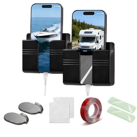RV & Boat Accessories, 2Pcs Black Wall Phone Holder for Travel Trailer, Camper, Pontoon Boat, Dorm & Apartment Interior Use