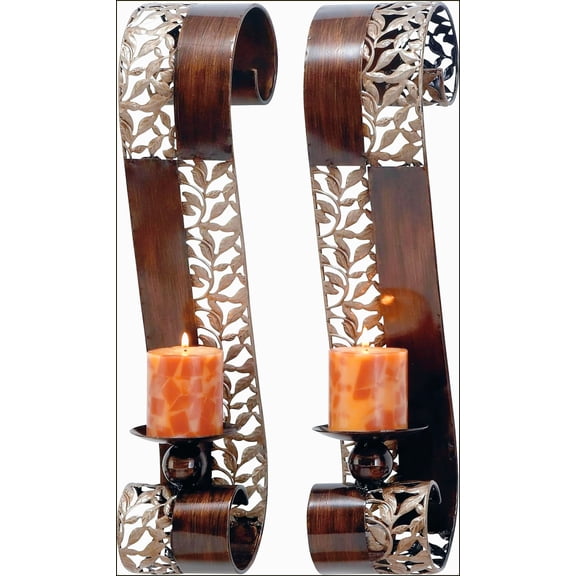 Wall sconce set of 2 for indoor decor metal leaf cutout with scrolled edges brown finish lightweight and vintage-inspired design