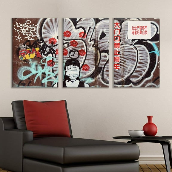 Wall26 3 Panel Canvas Wall Art - Triptych Street Graffiti Series - Chinese Masked Girl - Giclee Print Gallery Wrap Modern Home Decor Ready to Hang - 24"x36" x 3 Panels