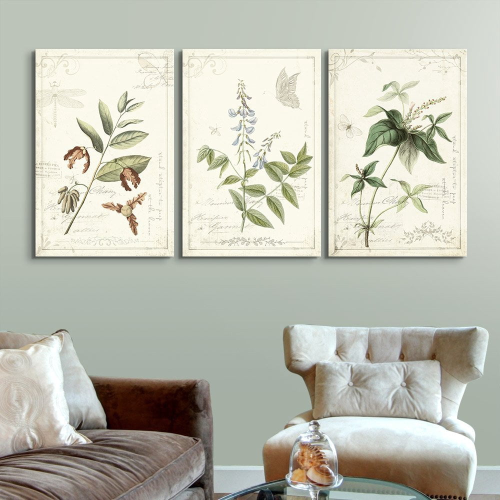 Wall26 3 Panel Canvas Wall Art - Vintage Style Plant Leaves and Flowers ...