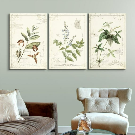 Wall26 3 Panel Canvas Wall Art - Vintage Style Plant Leaves and Flowers - Giclee Print Gallery Wrap Modern Home Decor Ready to Hang - 24"x36" x 3 Panels