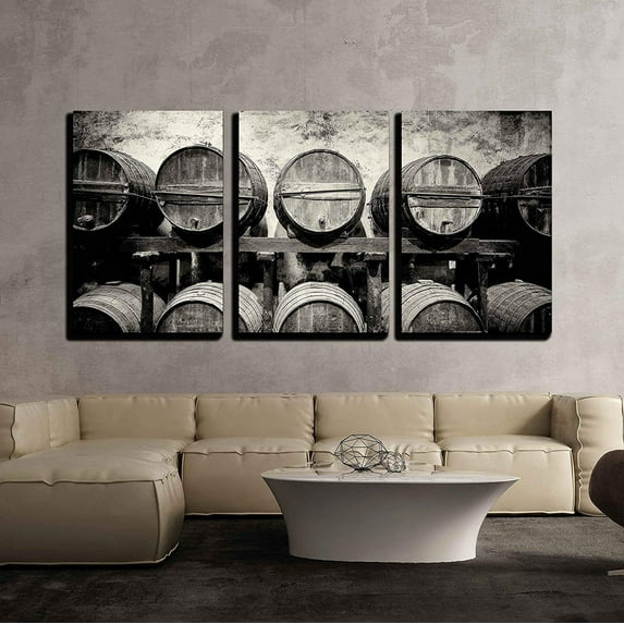 Wall26 3 Piece Canvas Wall Art - Barrels Stacked in The Winery in Black and White - Modern Home Decor Stretched and Framed Ready to Hang - 16"x24"x3 Panels