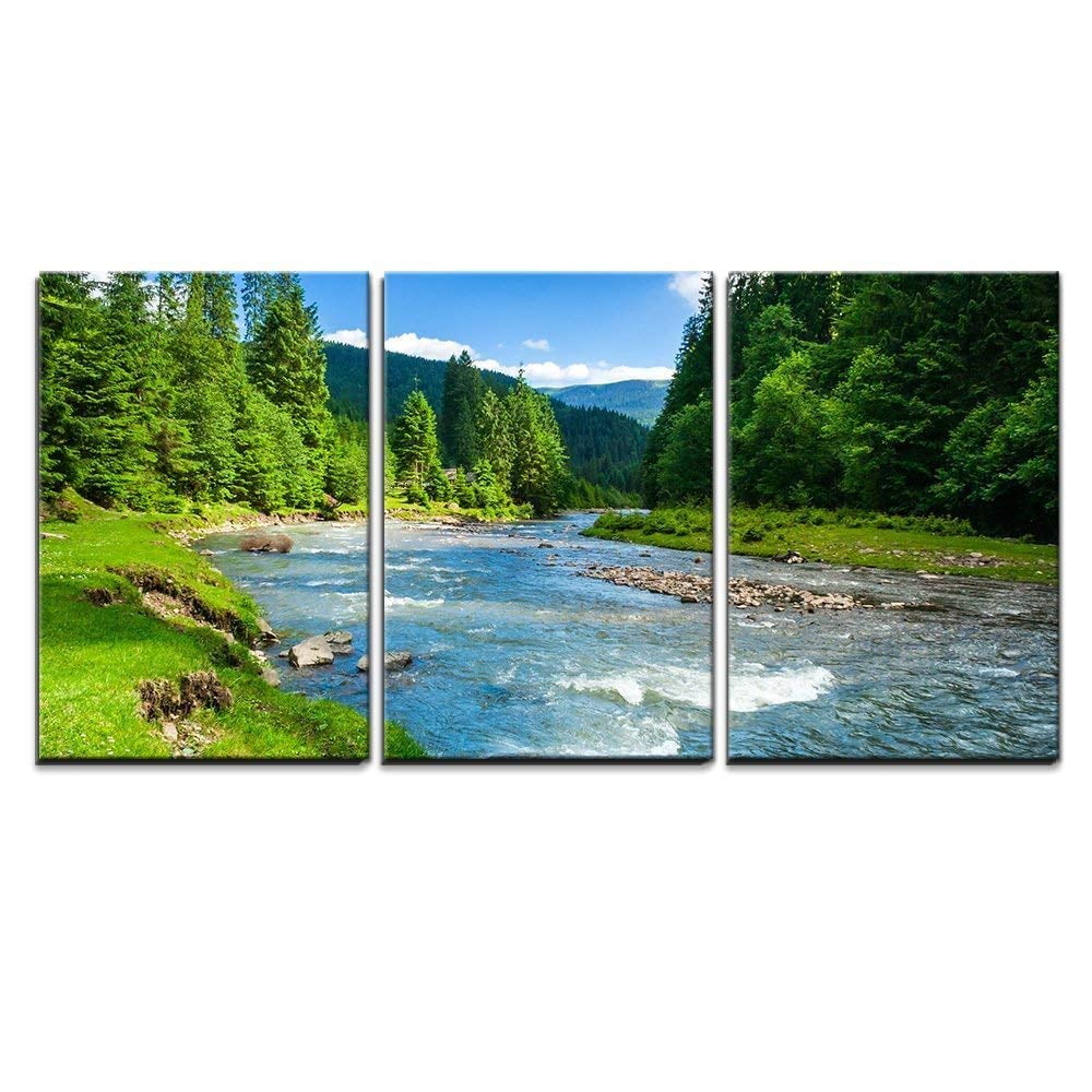 Wall26 3 Piece Canvas Wall Art - Landscape with Mountains Trees and a River  in Front - Modern Home Decor Stretched and Framed Ready to Hang -