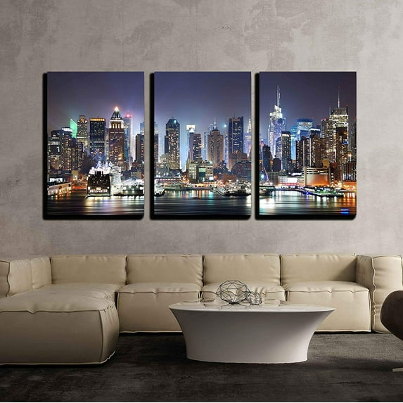 Wall26 3 Piece Canvas Wall Art - New York City Manhattan Skyline Panorama at Night - Modern Home Decor Stretched and Framed Ready to Hang - 16"x24"x3 Panels