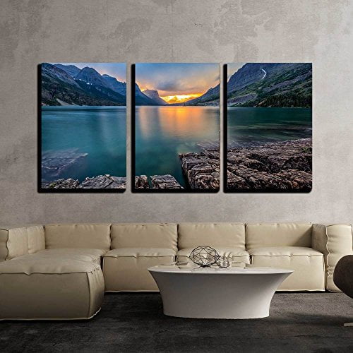 Wall26 3 Piece Canvas Wall Art Sunset at St Mary Lake, Glacier National Park, Mt - Modern Home Decor Stretched and Framed Ready to Hang - 16"x24"x3 Panels