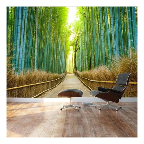 Wall26 Bamboo Forest with a Cleared Path Headed into a Sunny clearing - Green and Gold Branches - Landscape - Wall Mural, Removable Sticker, Home Decor - 100x144 inches
