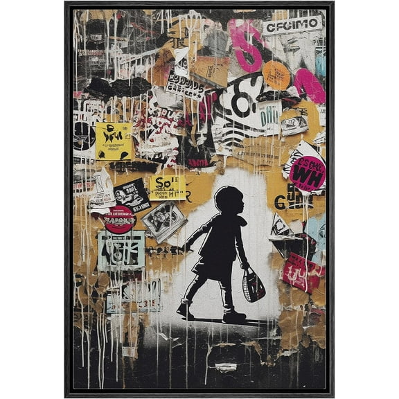 Wall26 Canvas Print Wall Art Banksy Style Little Kid Graffiti & Street Art Urban Architecture Cityscape Grunge Dark Illustrations 80th Century Pictorial Art Decorative Abstract - 24"x36" Black