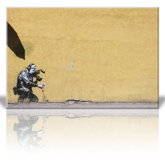 Wall26 Canvas Print Wall Art - Camera man pulls flower to film better - Street Art - Guerilla - Banksy Street Artwork on Canvas Stretched Gallery Wrap. Ready to Hang - 12 x 18 Inches