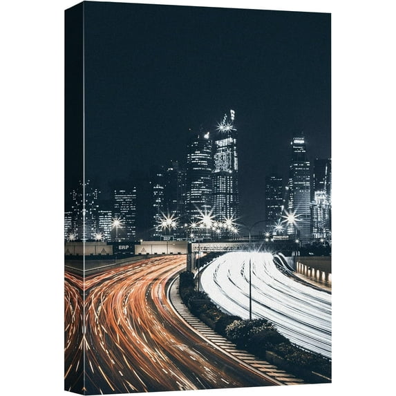 Wall26 Canvas Print Wall Art Car Light Motion Trail City Cityscape Art Skyline Downtown Buildings Photography Print Realism Decor Panoramic Multicolor Landscape Scenic Modern Art for Home - 16" x 24"