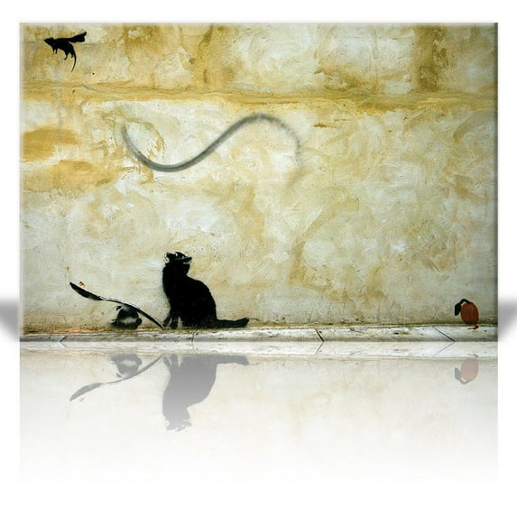 Wall26 Canvas Print Wall Art - Cat and Mouse - Street Art - Guerilla - Banksy Street Artwork on Canvas Stretched Gallery Wrap. Ready to Hang - 24 x 36 inches