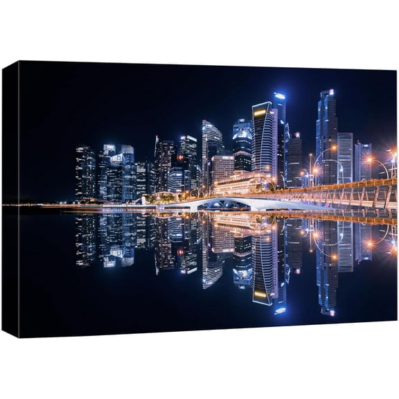 Wall26 Canvas Print Wall Art Futuristic City Reflection Cityscape Print Skyline Downtown Buildings Photography Art Realism Decor Panoramic Multicolor Landscape Scenic Modern Art for Home - 12" x 18"
