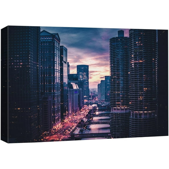 Wall26 Canvas Print Wall Art Pastel Purple City Lights Cityscape Print Skyline Downtown Buildings Photography Art Realism Decor Panoramic Multicolor Landscape Scenic Modern Art for Home - 24" x 36"