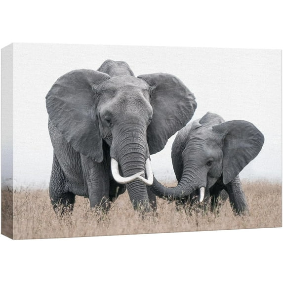 Wall26 Canvas Print Wall Art Safari Jungle Elephant Mom & Child Nature Wilderness Photography Realism Modern Art Decora Multicolor Rustic Unframed Artwork for Bedroom - 16"x24"
